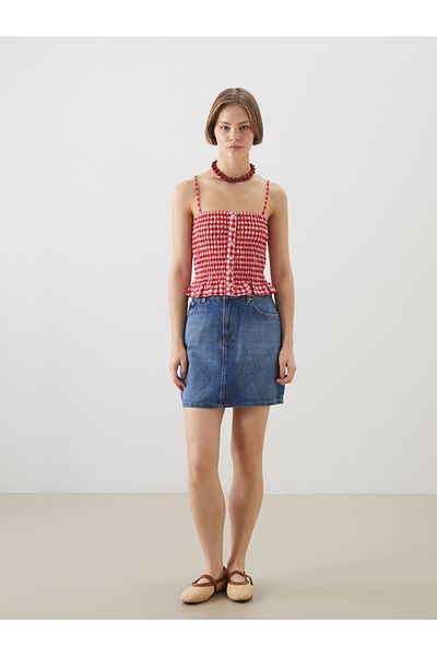 LC Waikiki Xside Red Square Collar Plaid Crop Blouse