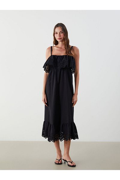 LC Waikiki Black Openwork Strap Waist Seated Poplin Dress