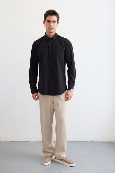 Livio Ferri Turi Men's Cotton Shirt Modern Slim Fit Linen Look Long Sleeve