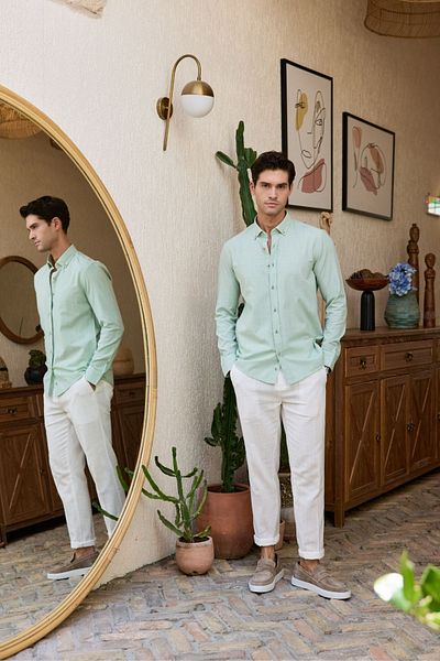 Livio Ferri Turi Men's Cotton Shirt Modern Slim Fit Linen Look Long Sleeve