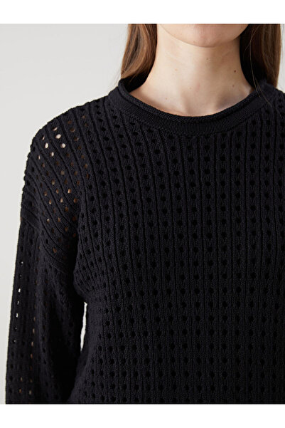LC Waikiki Black Crew Neck Openwork Women's Knitwear Tunic