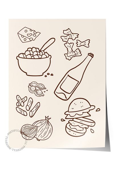 Postifull Poster de perete fără rame, brânză, sticlă, burger, ilustrație, minimalist, maro, bej