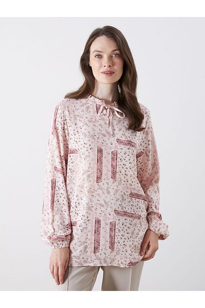 LC Waikiki Grace Pink Tie Collar Patterned Blouse