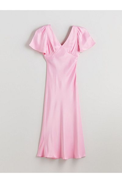 LC Waikiki Xside Pink V Neck Gathered Satin Dress