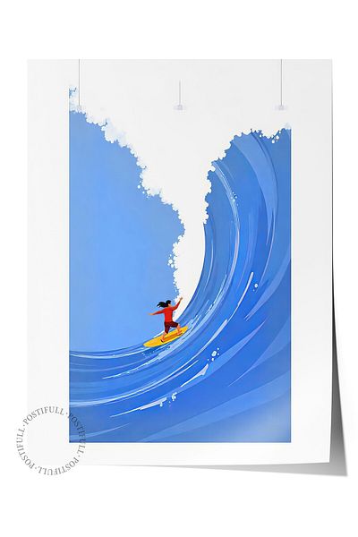 Postifull Frameless Wall Poster, Surfing on the Sea, Illustration, Blue Color Poster, 2025 Summer Selection, No:109604