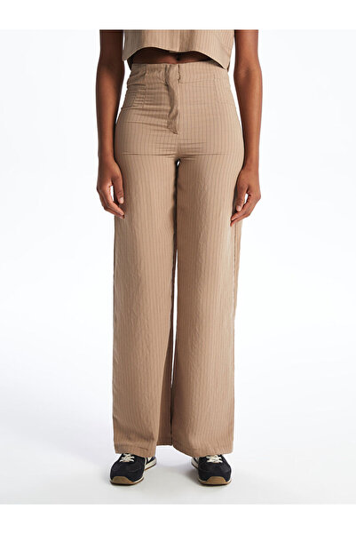 LC Waikiki Xside Brown Striped Modal Blend Women's Pleated Trousers