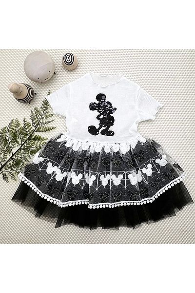 ALFA AKSESUAR 03 1-2-3 Years Old Sequined Mickey Printed Brode Skirt Baby Girl Dress Black