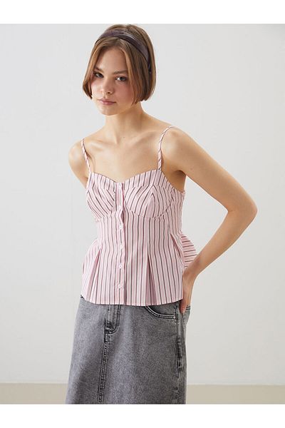LC Waikiki Heart Collar Striped Pleated Poplin Blouse