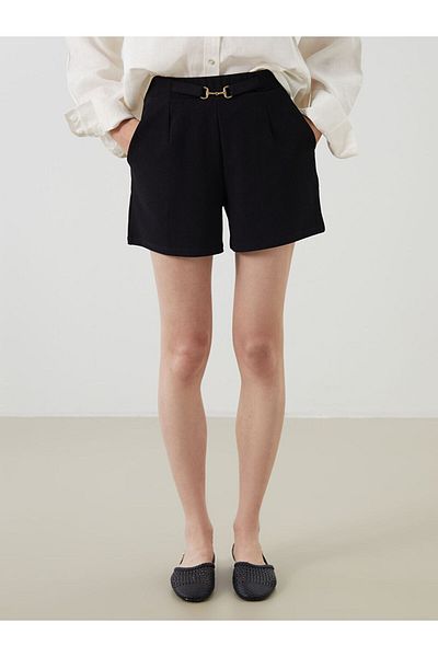 LC Waikiki Black Waist Belted Pleated Women's Shorts
