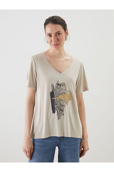 LC Waikiki Tricou de damă cu decolteu în V cu imprimeu nou sezon - S5KR14Z8