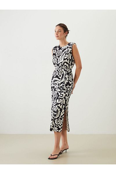 LC Waikiki Black Crew Neck Floral Linen Blend Dress