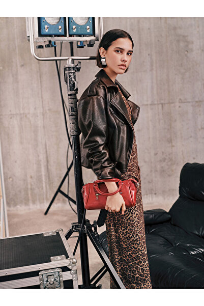 LC Waikiki Brown Biker Collar Belted Women's Leather Look Jacket