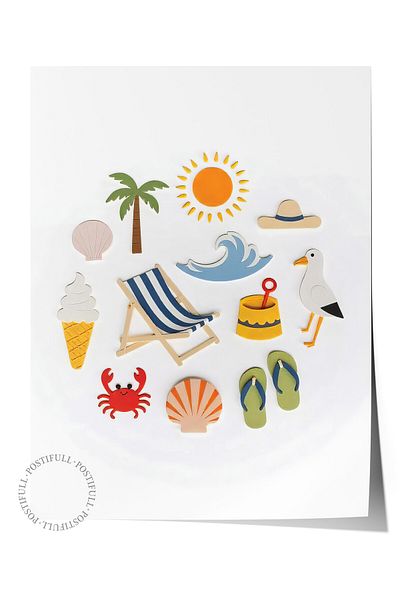 Postifull Frameless Wall Poster, Beach Elements, Illustration, Yellow Color Poster, 2025 Summer Selection, No:109523
