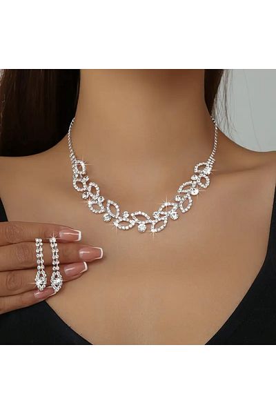 Ümaks Silvers Elegant Stone Silver Color Women's Necklace Earring Set - Wedding & Engagement Jewelry Set