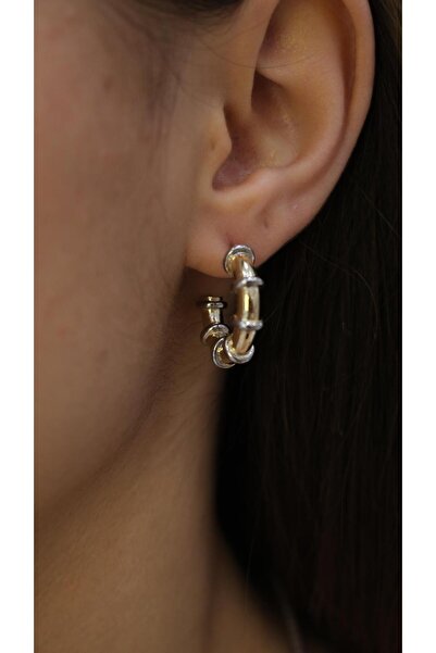 Jerie Gold Silver Çizgi Plaka Yarım Halka Küpe