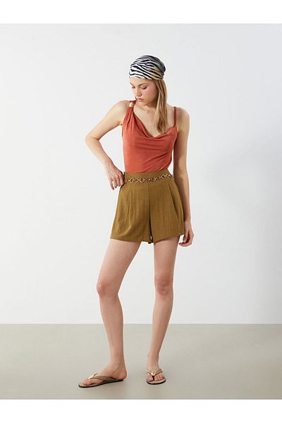LC Waikiki Brown Pleated Women's Shorts with Elastic Waist