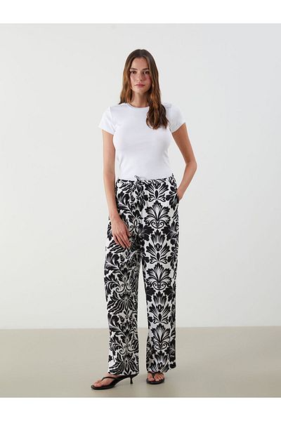 LC Waikiki Black Patterned Women's Trousers with Elastic Waist