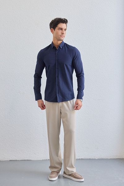 Livio Ferri Turi Men's Cotton Shirt Modern Slim Fit Linen Look Long Sleeve