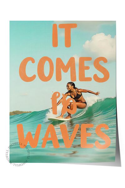 Postifull Frameless Wall Poster, Coming with Waves, Illustration, Maximalist, Blue Color Poster, 2025 Summer S
