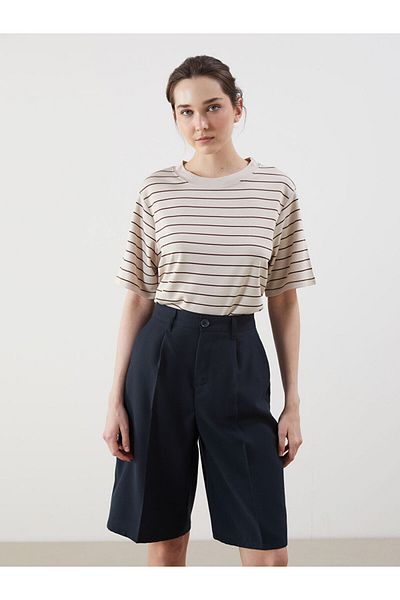LC Waikiki Ecru Crew Neck Striped Oversize Women's T-Shirt