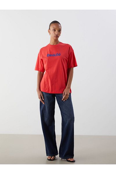 LC Waikiki Red Crew Neck Printed Oversize Women's T-Shirt