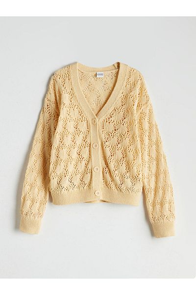 LC Waikiki Lcw V-Neck Openwork Girl's Knitwear Cardigan Fast Fashion
