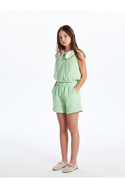 LC Waikiki Green Plaid Girl's Shorts with Elastic Waist