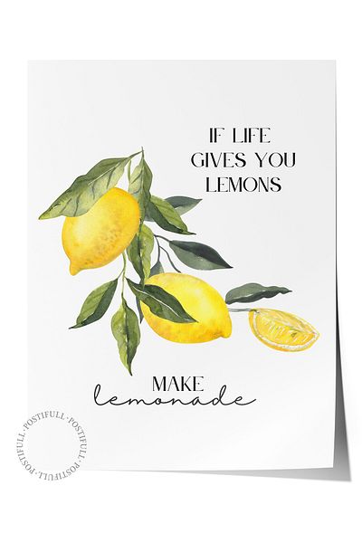 Postifull Poster de perete fără rame, lămâi, frunze, text, acuarelă, bază tipografie, galben, culoare verde