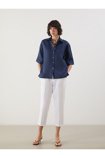 LC Waikiki Indigo Oversize 100% Linen Women's Shirt