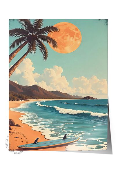 Postifull Frameless Wall Poster, Surfboard Crows, Illustration, Maximalist, Blue Color Poster, 2025