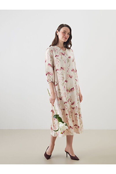 LC Waikiki Beige V-Neck Floral A-Line Dress
