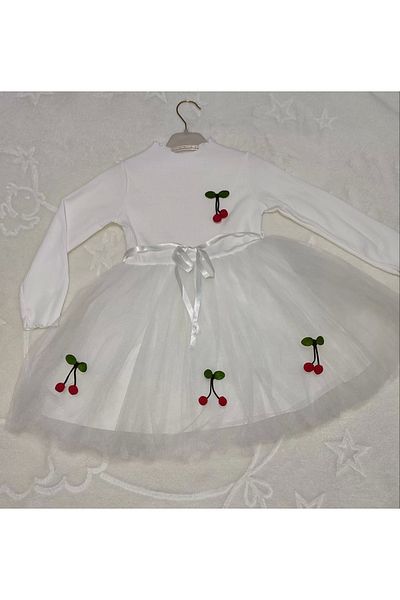 ALFA AKSESUAR 03 5-6-7 Years Old Cherry Patterned Ribbon Belted Lined Long Sleeve Girl's Tutu Dress White
