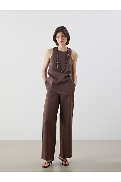 LC Waikiki Brown 100% Linen Women's Trousers with Elastic Waist