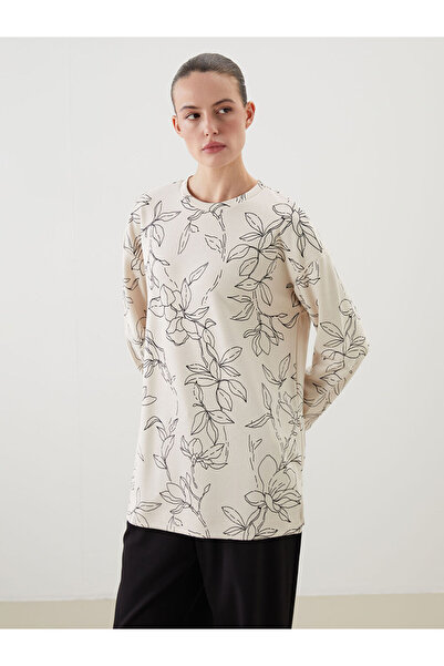 LC Waikiki Beige Crew Neck Leopard Patterned Oversized Women's Sweatshirt Tunic