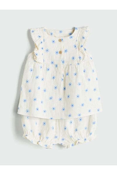 LC Waikiki Ecru Floral Baby Girl Blouse and Shorts 2-Piece