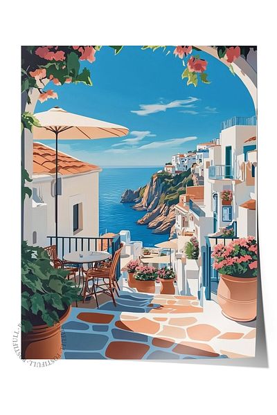 Postifull Frameless Wall Poster, Terrace, Ocean, Flowers, Flat Illustration, Modern, Blue, White Color Poste