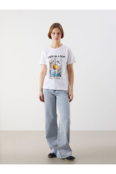 LC Waikiki Γυναικείο μπλουζάκι με στάμπα LCW Crew Neck