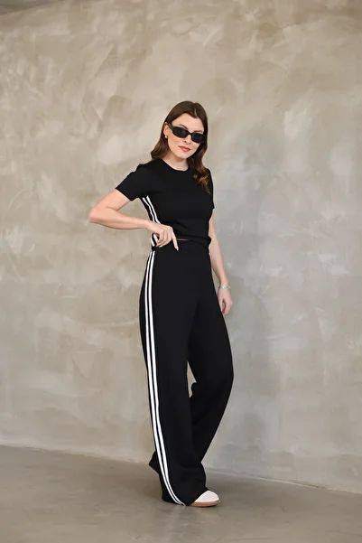 ESL ESLEM Women's Black Tracksuit Set Double Stripe Straight Leg Comfortable Fit Summer