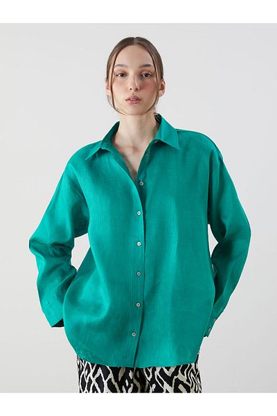 LC Waikiki Green Oversize 100% Linen Women's Shirt