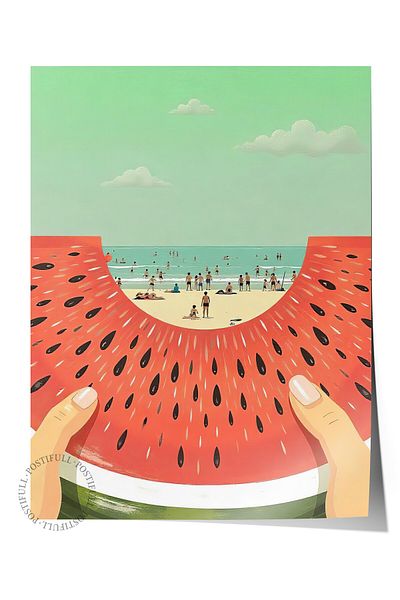 Postifull Frameless Wall Poster, Watermelon Slice on the Beach, Illustration, Yellow Color Poster, 2025 Summer Selection, No