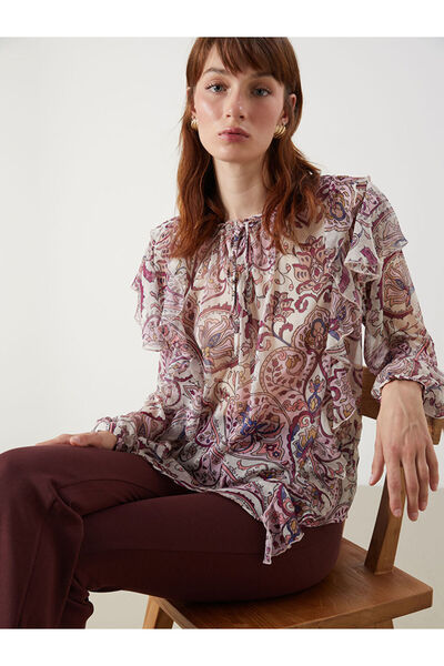 LC Waikiki Pink Tie Collar Patterned Blouse