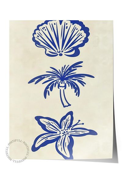 Postifull Frameless Wall Poster, Seashell, Palm and Flower, Illustration, Blue Color Poster, 2025 Summer S