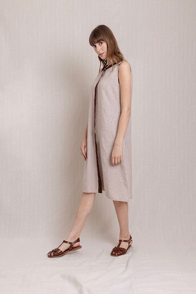 Volanlı Button Front Sleeveless Linen Dress