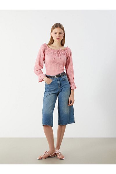 LC Waikiki Tie Collar Textured Oversize Muslin Blouse