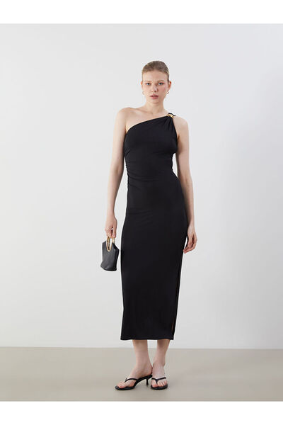 LC Waikiki Μαύρο φόρεμα με έναν ώμο με κορδόνι