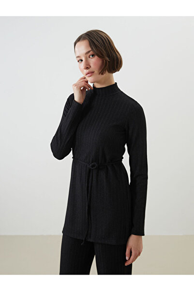 LC Waikiki Black Stand Collar Textured Women's Tunic