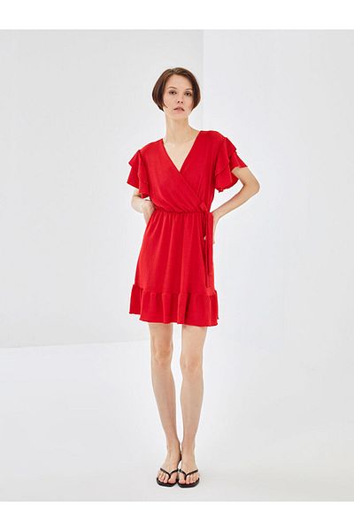 LC Waikiki Double Breasted Collar Straight Short Sleeve Women Dress