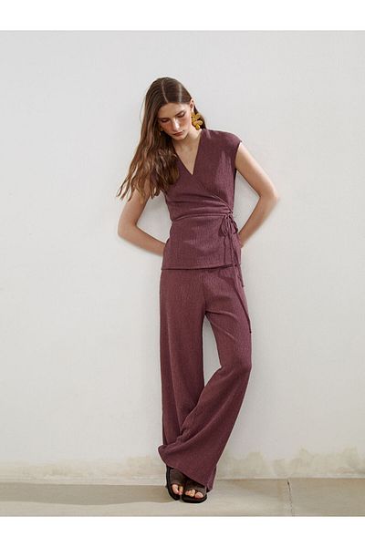 LC Waikiki Dark Dusty Rose Textured Women's Trousers with Elastic Waist