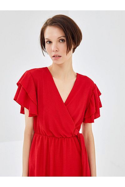 LC Waikiki Double Breasted Collar Straight Short Sleeve Women Dress