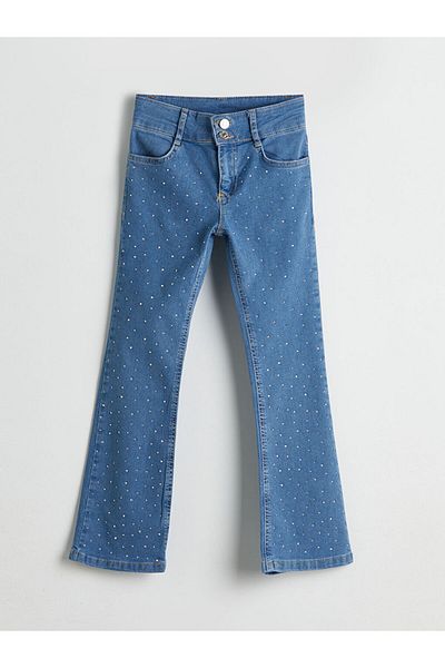 LC Waikiki Girl's Jean Trousers with Adjustable Elastic Waist and Stones